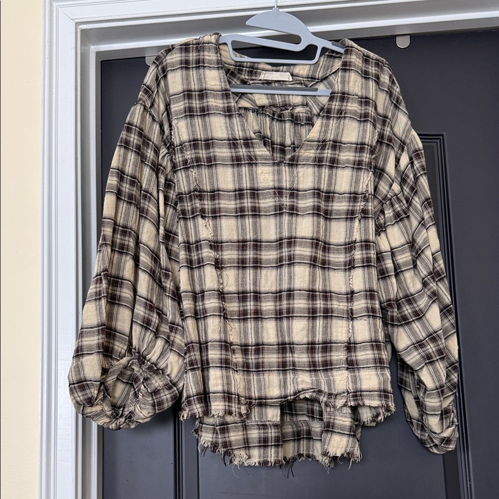 By Together plaid top featuring hi-low frayed hem